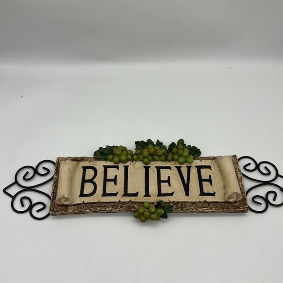 Believe Resin Molded Wall Art w/Scrolling Black Metal & 3D Grapes/Scrolled Sign - Picture 2 of 8